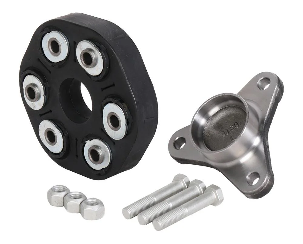 Flansza trójramienna przegubu gumowego + przegub gumowy 110mm, BMW, otw. 6 x 12mm, h-38mm + 28mm, rura 60.5mm, tulejka centrująca 14mm