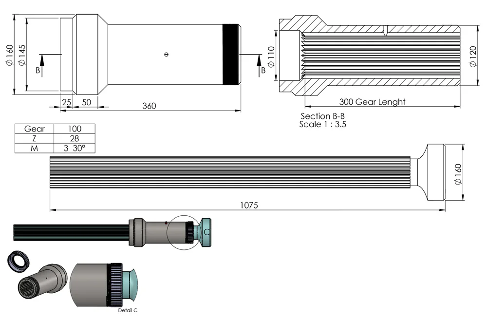 Złącze przesuwne/ zestaw naprawczy 100mm DO MODYFIKACJI, 28 frezów, L-300/1075mm, rura 160x7.5mm, 42CrMo4 (4140)
